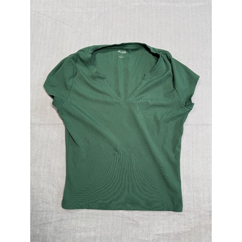 Hollister T-Shirt Womens Large Green Knit Ribbed Texture Cap Sleeve Split Neck